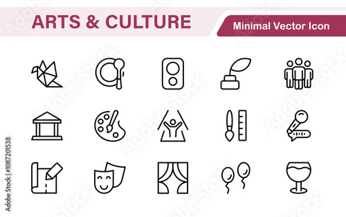 Arts and Culture Icon Set. High-quality icons for Museums, Music, Dance, Theater, Festivals, artistic Expression, Traditions, History, Crafts, and Creative Activities