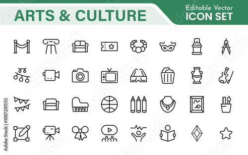 Arts and Culture Icon Set. High-quality icons for Museums, Music, Dance, Theater, Festivals, artistic Expression, Traditions, History, Crafts, and Creative Activities