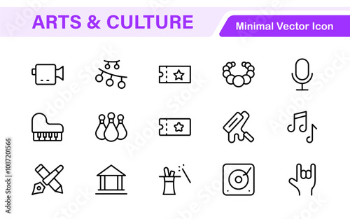 Arts and Culture Icon Set. High-quality icons for Museums, Music, Dance, Theater, Festivals, artistic Expression, Traditions, History, Crafts, and Creative Activities