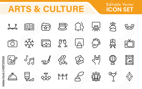 Arts and Culture Icon Set. High-quality icons for Museums, Music, Dance, Theater, Festivals, artistic Expression, Traditions, History, Crafts, and Creative Activities