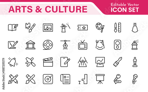 Arts and Culture Icon Set. High-quality icons for Museums, Music, Dance, Theater, Festivals, artistic Expression, Traditions, History, Crafts, and Creative Activities