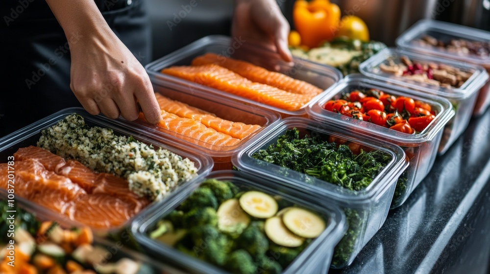 Meal Prep Mastery, individual arranging nutritious meal containers for the week, vibrant vegetables, lean proteins, balanced portions, kitchen setting