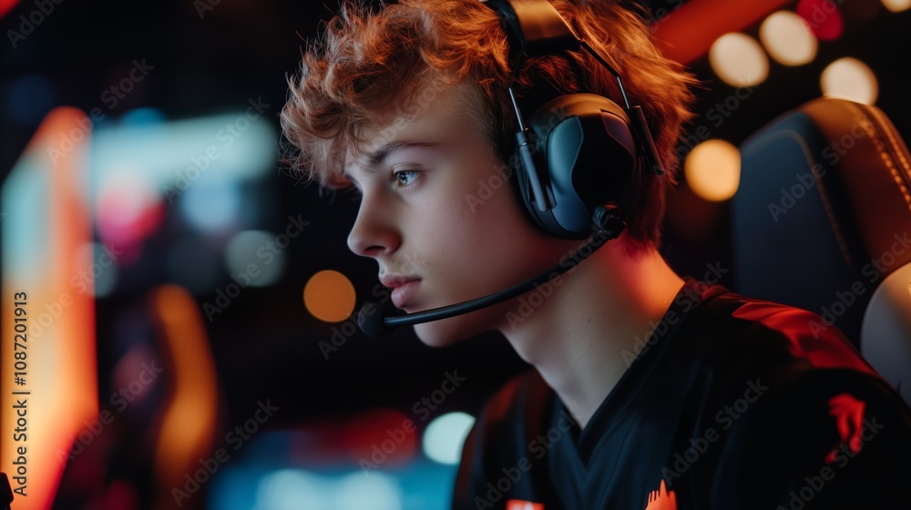 A young gamer wearing a headset focuses intently on the screen, illuminated by the colorful lights of a tournament venue