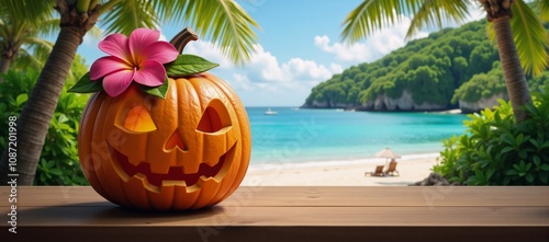 Tropical Halloween scene A creative illustration of a carved pumpkin adorned with plumeria flowers on a wooden table at a tropical beach paradise for wallpaperbackground use photo