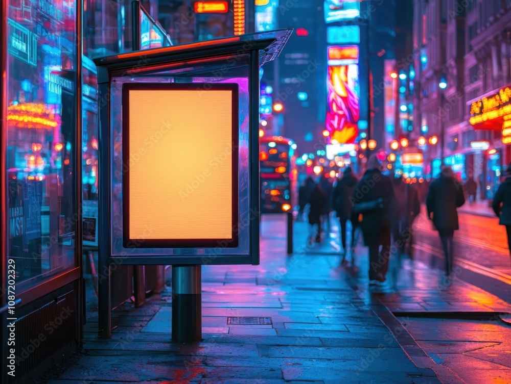 City street bus stop with glowing blank advertisement urban environment night view advertising concept for seo impact