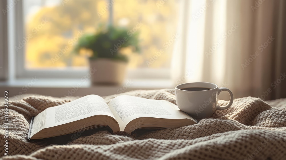 Visualize a serene indoor scene a cherished book next to a steaming cup of coffee, with a cozy blanket over the chair by the window, creating a warm ambiance for a delightful escape into reading Visualize a serene indoor scene a cherished book next to a steaming cup of coffee, with a cozy blanket over the chair by the window, creating a warm ambiance for a delightful escape into reading