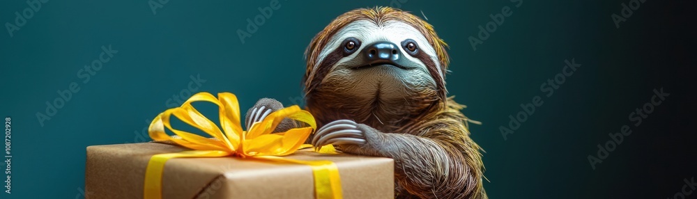 Obraz premium A playful sloth presenting a beautifully wrapped gift, radiating joy and curiosity.