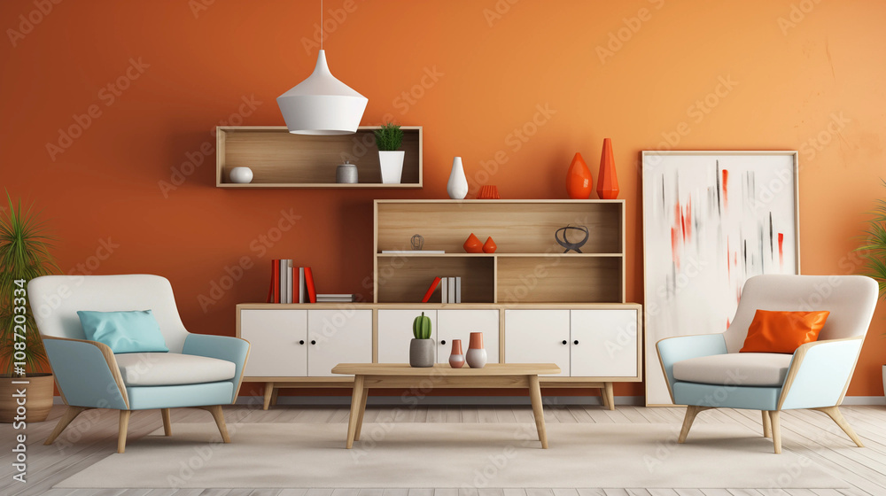 Fototapeta premium Mid Century Modern Living Room Interior Orange Walls Wooden Furniture Armchairs