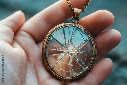 Loneliness and Its Link to Sadness. A vintage pendant with a cracked glass surface held in a hand, reflecting light and showcasing intricate details of the breakage. photo