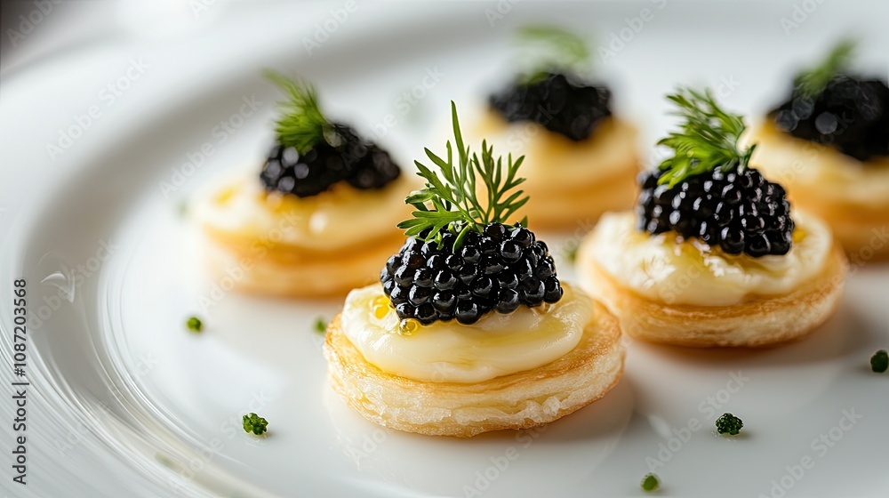 Luxuriously plated caviar appetizers with a touch of modernism, against white, [appetizers], [high-end luxury] 