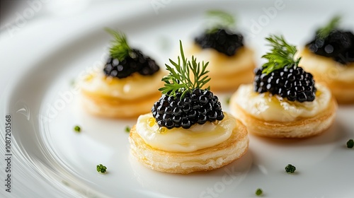 Luxuriously plated caviar appetizers with a touch of modernism, against white, [appetizers], [high-end luxury] 