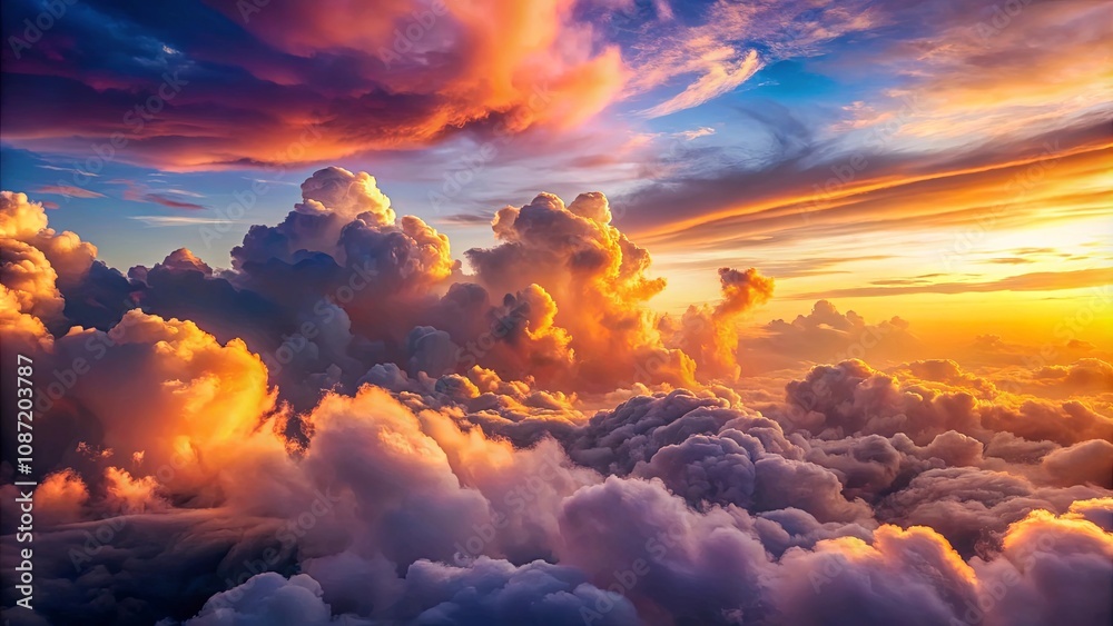 Fototapeta premium A breathtaking sunset viewed from above, showcasing a vibrant array of colors illuminating fluffy cumulus clouds in a dramatic and awe-inspiring display.