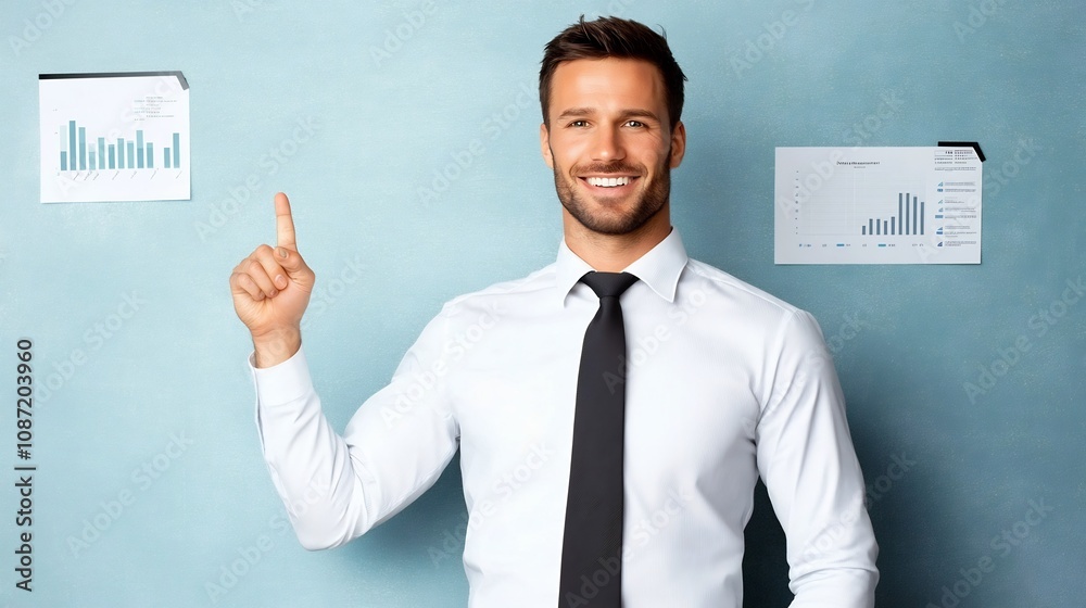 Confident Business Leader Guiding Team Presentation with Charts and Graphs Confident Business Leader Guiding Team Presentation with Charts and Graphs