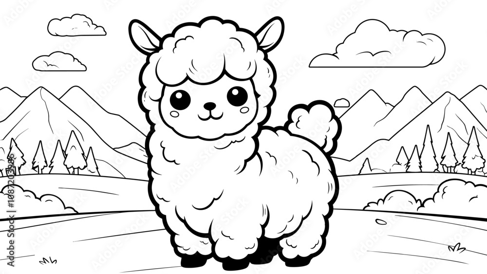 Fototapeta premium Cute Alpaca Against Mountains Cartoon Character Coloring Page for Kids Adorable Illustration Scenic Mountain Background Fun Drawing for Children Charming Animal Art Page