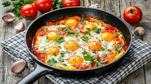  A skillet filled with eggs sits atop a table alongside tomatoes, garlic, and garlic flakes