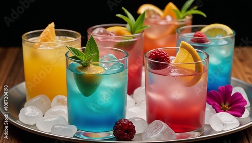 Collection of Chilled Beverages adorned with Ice  Garnishes Cool Refreshments photo