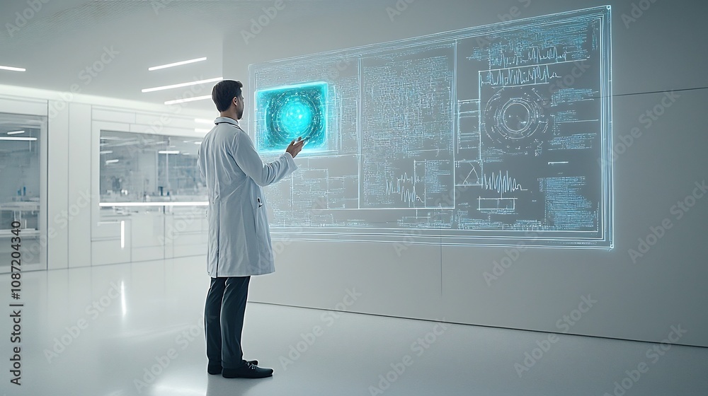 Doctor using advanced holographic interface to analyze and visualize complex medical data on a sleek digital screen showcasing the future of healthcare technology and clinical diagnostics Doctor using advanced holographic interface to analyze and visualize complex medical data on a sleek digital screen showcasing the future of healthcare technology and clinical diagnostics