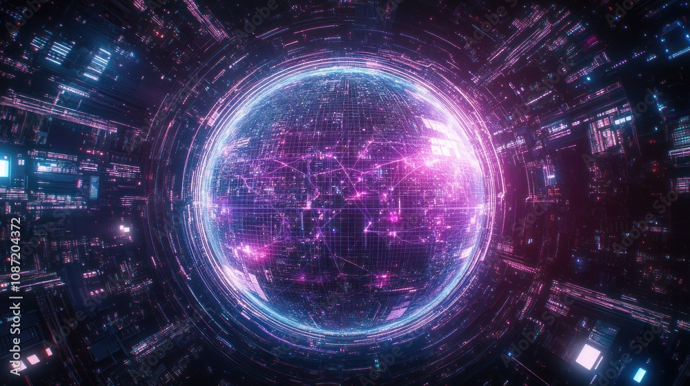 Obraz premium A digital representation of a glowing, interconnected globe surrounded by vibrant circuitry.