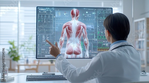 Doctor using advanced holographic 3D visualization to consult detailed patient anatomy model in a high tech minimalist hospital setting with intuitive gesture based controls and precision diagnostics photo