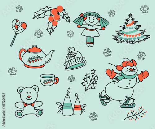 Cute set of winter illustr - a decorated Christmas tree, candle, doll, teddy bear, candy and cup. Vector hand-drawn illustration. Perfect for holiday designs, cards, invitations.
