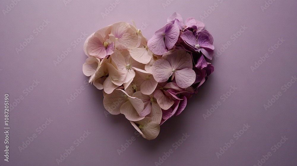 Fototapeta premium Heart-shaped bouquet of pink and purple flowers on lilac background for Valentine's Day