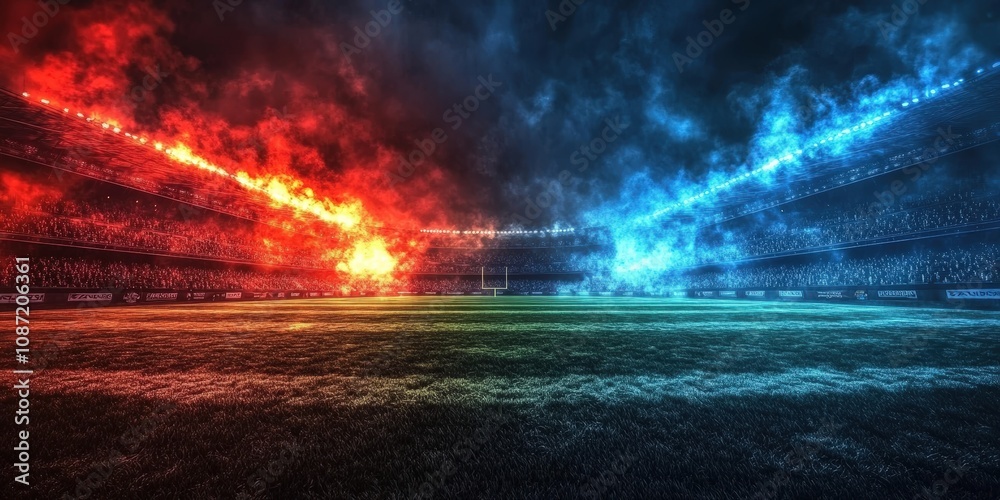 Dynamic Thrill of a Football Matchup in a Vibrant Stadium with Fiery Teams Engaged in an Epic Competition Under Dramatic Lighting Effects Dynamic Thrill of a Football Matchup in a Vibrant Stadium with Fiery Teams Engaged in an Epic Competition Under Dramatic Lighting Effects