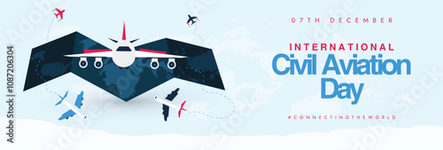 International Civil Aviation Day, 7th December cover banner, post. Civil aviation day cover banner with aeroplanes flying and traveling around world map. The day honours the rules for aircrafts safety