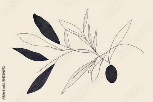 Line art of an olive branch, symbol of peace and luck, bold black lines, minimal detail, white background
