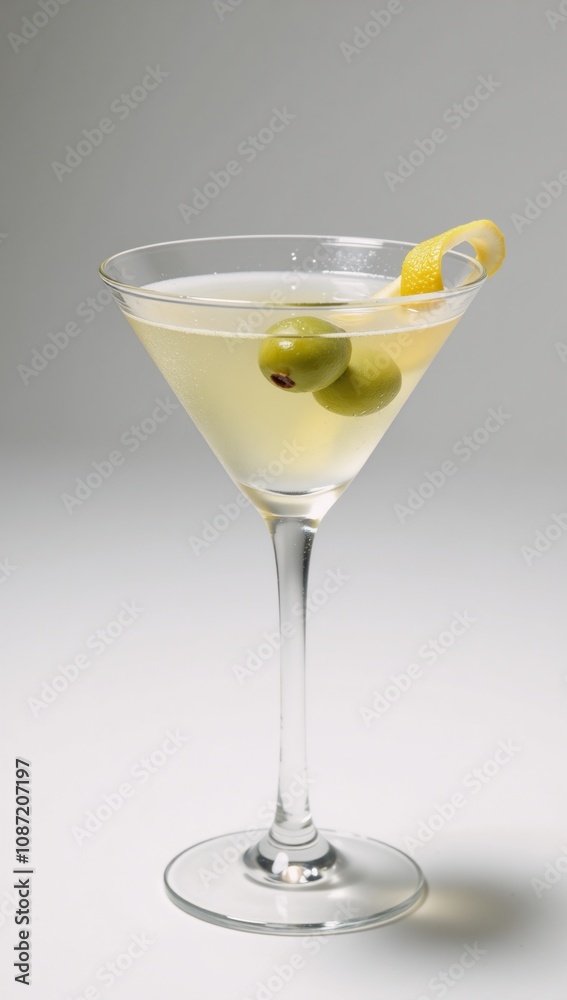 Stylish close-up of a glass with a classic cocktail martini against a crisp white backdrop Stylish close-up of a glass with a classic cocktail martini against a crisp white backdrop