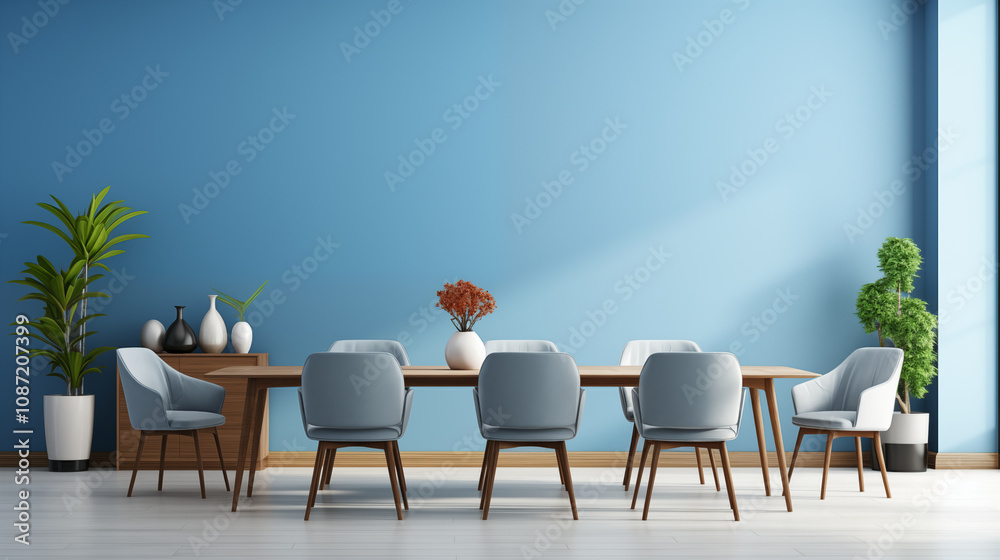 Obraz premium Modern Dining Room Interior Blue Wall Wooden Table Gray Chairs