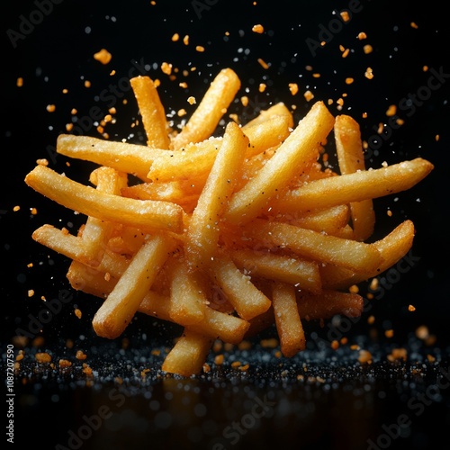 Airborne French Fries, whimsical scene of golden fries suspended against a stark black backdrop, playful and imaginative culinary art photo