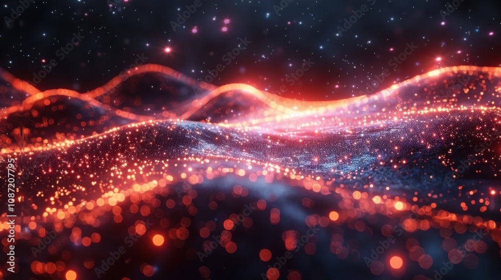 Colorful waves of light with sparkling particles create a mesmerizing abstract landscape at night Colorful waves of light with sparkling particles create a mesmerizing abstract landscape at night