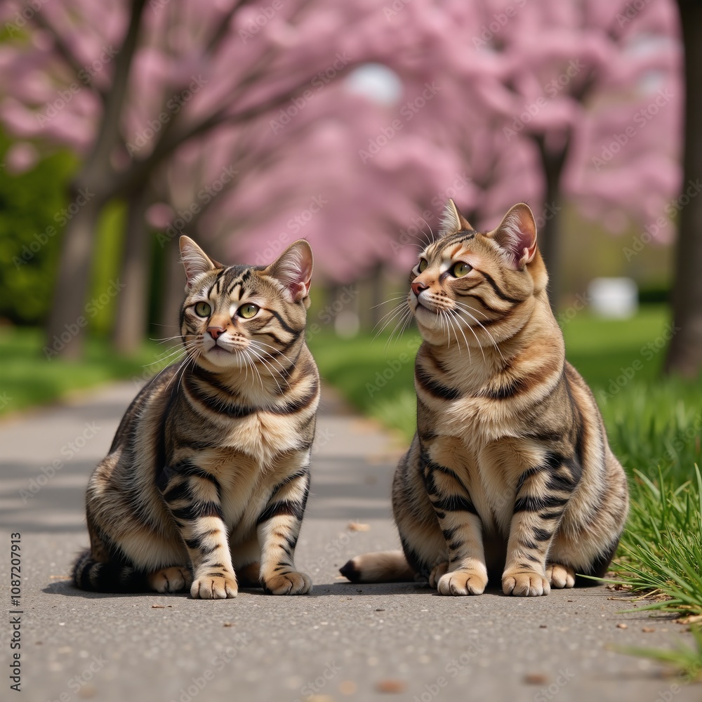 Obraz premium A charming photograph captures two fluffy American Shorthairs basking in the sun on a picturesque Spring day amidst blossoming flowers hanging from trees