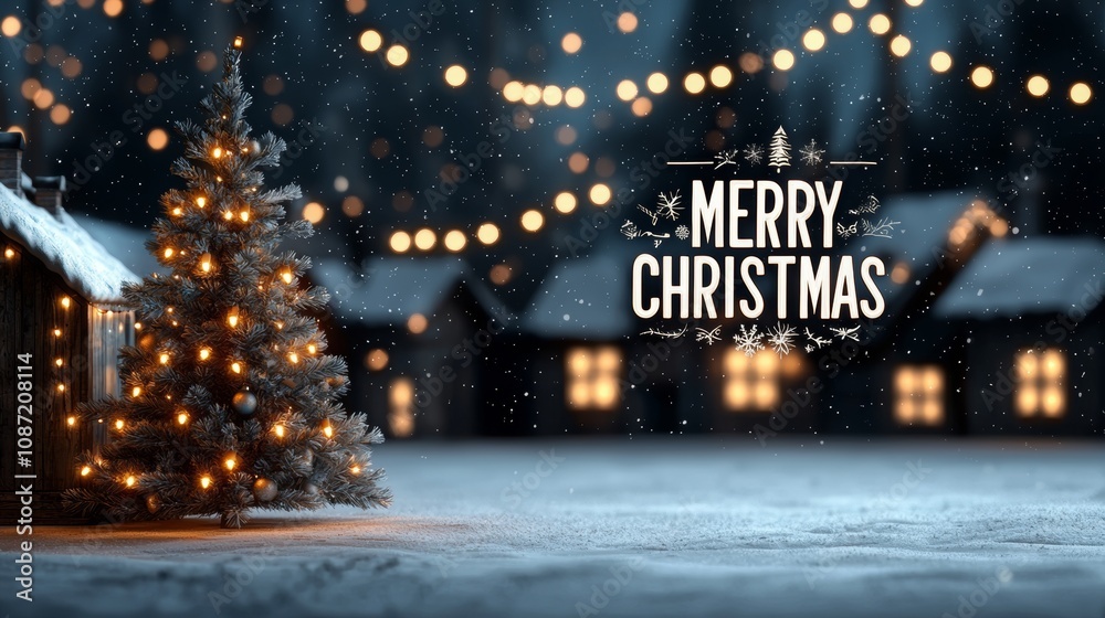 Winter Wonderland Christmas Scene, snowy landscape, decorated tree, cozy village houses with lights, festive greeting in the sky Winter Wonderland Christmas Scene, snowy landscape, decorated tree, cozy village houses with lights, festive greeting in the sky