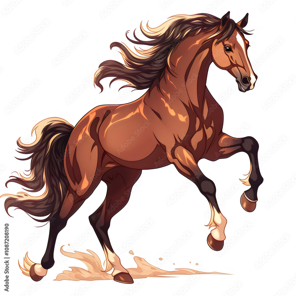 Obraz premium AI Generate of Cartoon brown horse standing and running on savannah isolated by white background