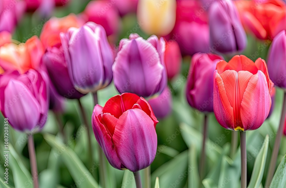 A field of red and purple tulips in full bloom, with some yellow accents. A field of red and purple tulips in full bloom, with some yellow accents.
