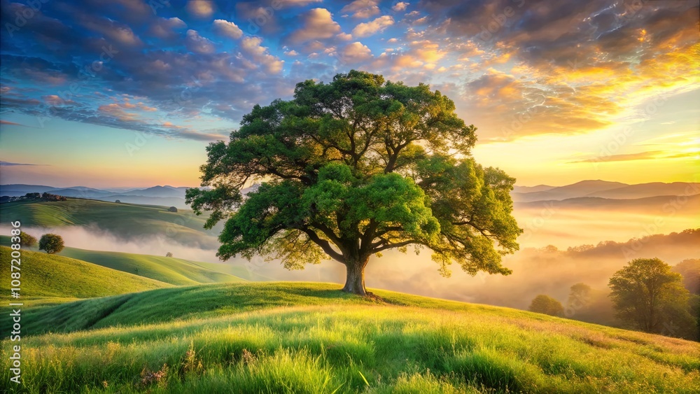 Fototapeta premium Serene Sunrise Over Rolling Hills with Majestic Tree