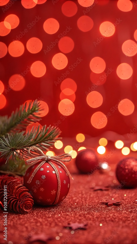 Festive Christmas Scene with Lights, Ornaments, and Fir Branches Festive Christmas Scene with Lights, Ornaments, and Fir Branches