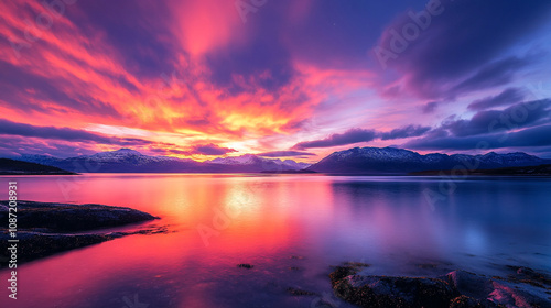 Stunning sunset over calm waters with mountains in the background on a clear evening