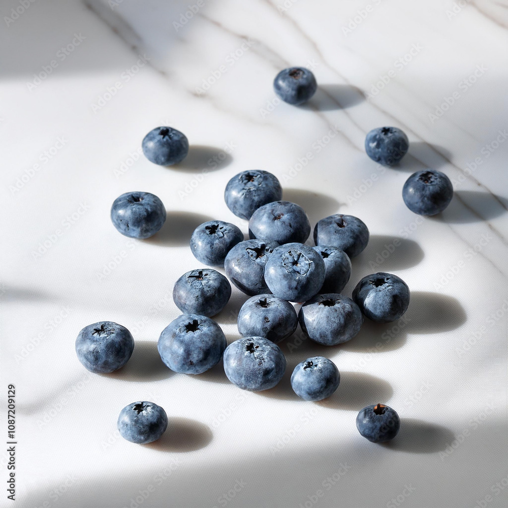 Blueberries are scattered randomly on the white marble table with soft shadows Blueberries are scattered randomly on the white marble table with soft shadows