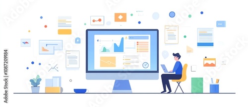 Digital document management interface on a laptop, user interacting with icons for text, images, and data points, clean and modern generative AI layout