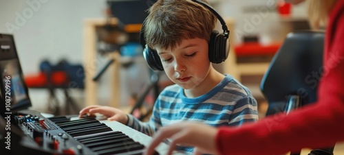 Young Boy Learning Piano with Headphones photo