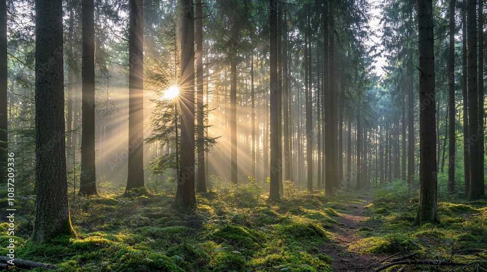 Obraz premium Enchanting Sunlight Filtering Through a Majestic Forest