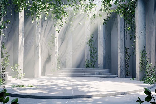 Serene Sunlit Stone Ruins Plants Columns Steps Ancient Architecture Mystical Peacefu photo