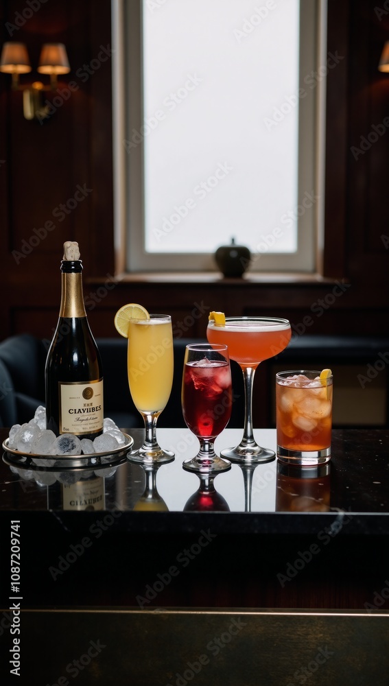 Obraz premium Bar scene featuring mature-atmosphere and various cocktails served including champagne in bubble-filled liquor bottles