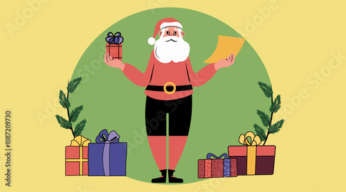 Santa holding gift and list Christmas theme festive scene with presents and pine branches colorful background holiday design