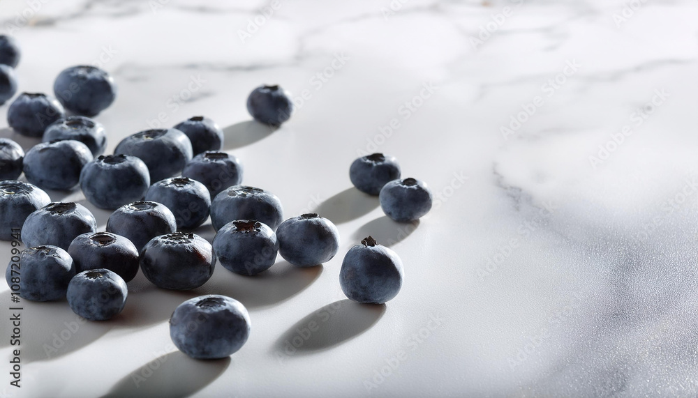 Blueberries are scattered randomly on the white marble table with soft shadows Blueberries are scattered randomly on the white marble table with soft shadows