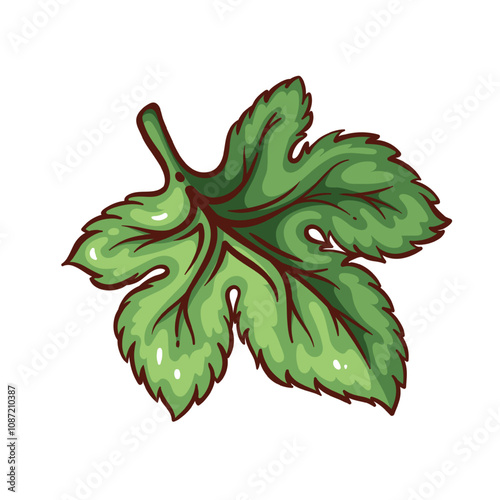 Green hop leaf line icon. Outline hand drawn vintage sketch of one hop plant leaf, element of Oktoberfest party, brewery and pub emblem. Botany mascot, herb part color icon vector illustration