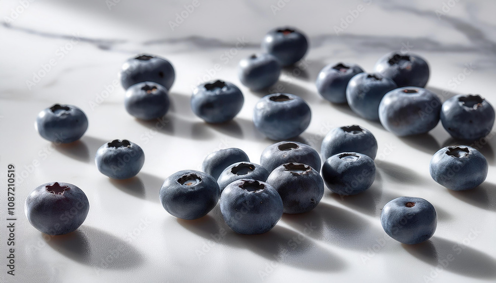 Blueberries are scattered randomly on the white marble table with soft shadows Blueberries are scattered randomly on the white marble table with soft shadows
