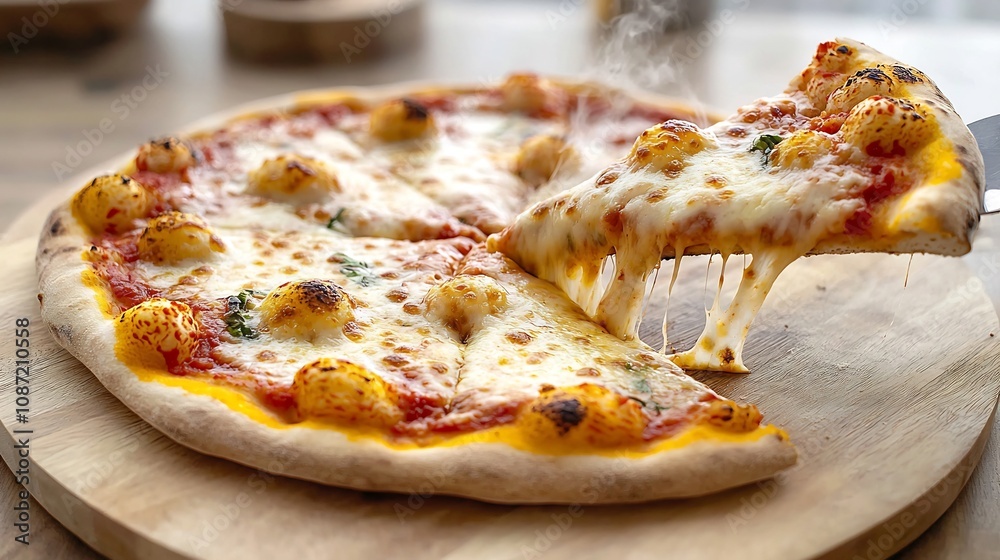 Freshly baked pizza with melted cheese stretching as a slice is lifted with steam rising creating a warm and appetizing atmosphere  The inviting aroma and gooey